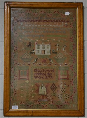 Lot 1040 - 19th century sampler by Eliza Powell 1877, using coloured wools, incorporating many decorative...