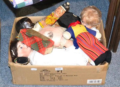 Lot 1046 - Box including bisque socket head doll with blue eyes, composition head and other dolls, soft...