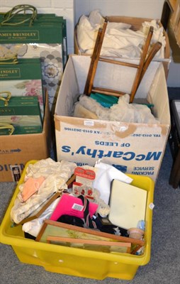 Lot 1050 - Quantity of assorted hats, scarves and accessories, linen, child's folding chair etc (three boxes)