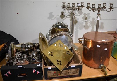 Lot 1084 - A group of 19th century and later copper and silver plate including copper hot water urn, pair...