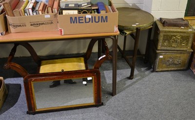 Lot 1090 - A brass topped folding middle Eastern table, two brass log bins, a 19th century mahogany scroll arm