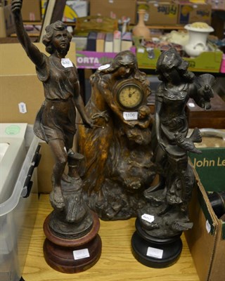 Lot 1106 - Two spelter figures and a French figural mantel timepiece