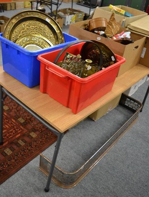 Lot 1161 - An Arts & Crafts copper mirror, copper chargers and trays, jam pan, fender, etc