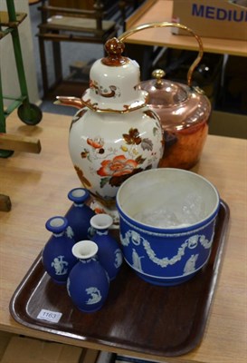 Lot 1163 - A large copper kettle, Wedgwood Jasperware and a Masons vase and cover