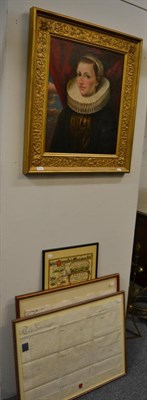 Lot 1173 - A reproduction oil on canvas after Rubens together with two framed indentures and map (4)