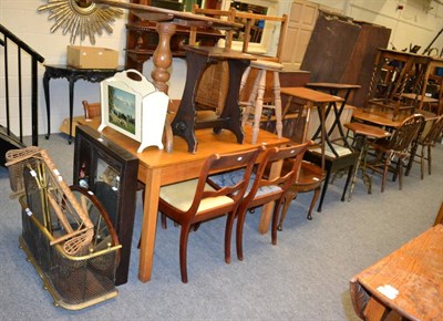 Lot 1176 - A group of furniture including an oak tilt top tripod table, 2 stools, piano stool, 4...