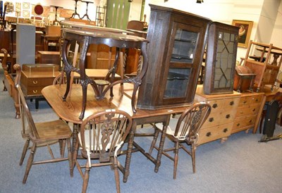 Lot 1184 - A group of furniture comprising a copper coal bucket, an oak trolley, two 19th century hanging...