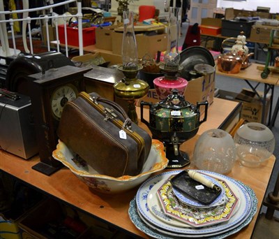 Lot 1202 - Two oil lamps, mantel clock, two pencils, ceramics etc