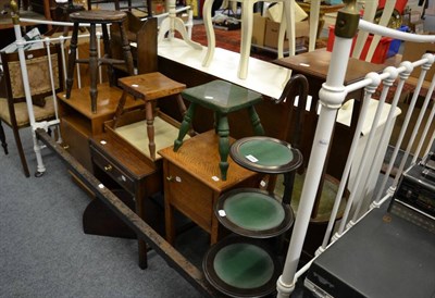 Lot 1204 - A cake stand, a wine table, three various stools, plant stand, three various bedside tables, a wall