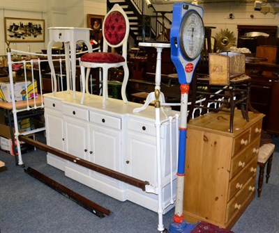 Lot 1205 - A group of furniture comprising a pine chest of drawers, two occasional chairs, two occasional...