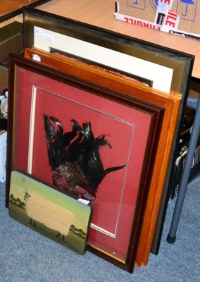 Lot 1208 - Five framed articles including prints, watercolours etc; and a box containing various modern...