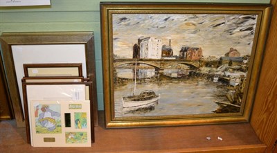 Lot 1254 - 20th century oil of a boat and a bridge, signed W.A. Crocker, a cell mount from the Jungle...