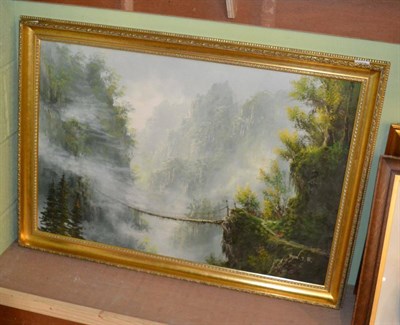 Lot 1258 - Oriental landscape painting, oil on canvas in gilt frame, signed by the Korean artist