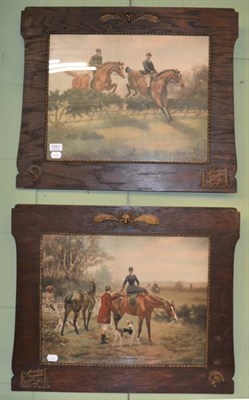 Lot 1261 - After Adrian Jones, two hunting prints contained in oak hunting theme frames