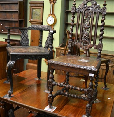 Lot 1294 - A 19th century carved oak chair together with a stool and chair composed of period elements and...