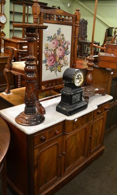 Lot 1308 - A 19th century marble top mahogany side board, together with an inlaid mahogany needlework fire...