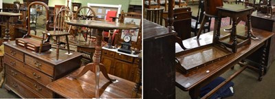 Lot 1314 - A group of furniture comprising a George III oak tilt top tripod table, a later tilt top tripod...