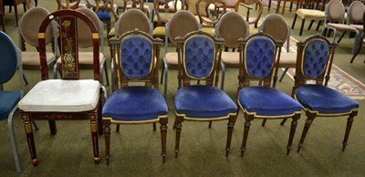 Lot 1338 - A set of four 19th century carved mahogany framed blue upholstered dining chairs with button...