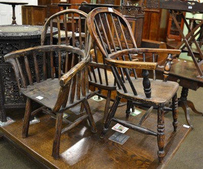 Lot 1353 - Two 19th century oak child's Windsor armchairs and a rustic stick back chair