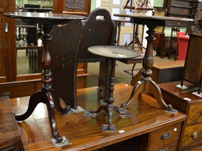 Lot 1361 - A 19th century oak tilt top tripod table, and two mahogany tripod tables