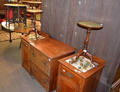 Lot 1377 - A group of furniture including a pair of tile inset bedside cupboards, a mahogany commode converted