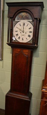 Lot 1405 - An oak eight day longcase clock, painted arch dial signed Wn Lister, Newcastle on Tyne