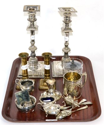 Lot 3 - A pair of 19th century silver-plated candlesticks, a pair of 19th century brass candlesticks, a...