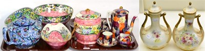 Lot 7 - Ringtons chintz teapot, pink lustre bowl, Maling biscuit jar and cover, two Royal Devon blush ivory