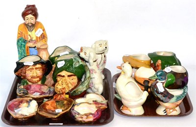 Lot 14 - A collection of Oldcourt Ware character jugs, animal figural ashtrays and other items (two trays)