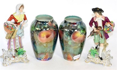 Lot 30 - A pair of Sitzendorf porcelain figures and a pair of Burleigh ware lustre vases
