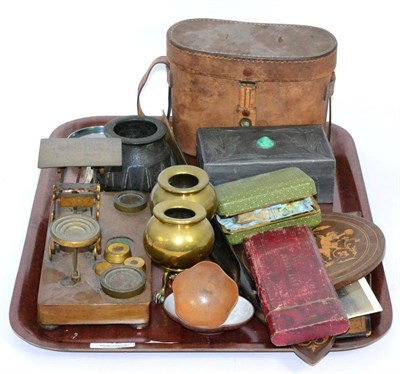 Lot 42 - A small group of miscellaneous including leather cased Carl Zeiss binoculars, a pewter casket inset