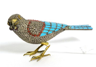Lot 54 - A 20th century silver and gilt life sized bird ornament set with turquoise and coral stones