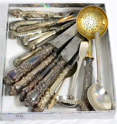 Lot 55 - A group of miscellaneous flatware including a Georg Jensen spoon, George III fiddle pattern...