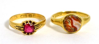 Lot 59 - An 18ct gold moss agate ring and an 18ct gold gem set ring (2)