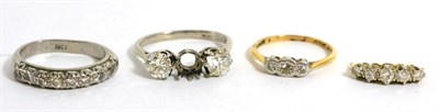 Lot 60 - A diamond ring with one vacant setting, two rings and diamond segment (a.f.)