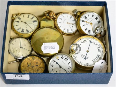 Lot 64 - Six plated pocket watches, triple calendar moonphase fun metal pocket watch and a pocket barometer