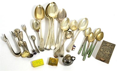 Lot 65 - A small group of silver including dessert spoons, tea spoons, enamelled coffee spoons (a.f.),...