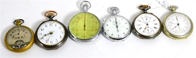 Lot 66 - Two single push chronograph pocket watches, a gun metal alarm pocket watch, an eight day pocket...