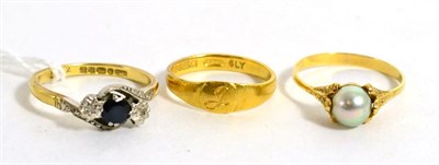 Lot 72 - A 22ct gold band ring, a pearl ring and an 18ct gold sapphire and diamond ring (3)