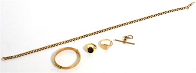 Lot 79 - A 9ct gold intaglio ring with another signet ring, a 9ct watch chain and a stiff hinge bangle
