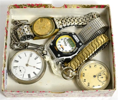 Lot 83 - A gent's Longines wristwatch, a silver pocket watch and three others (5)