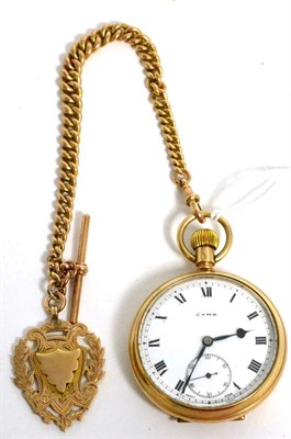 Lot 89 - A 9ct gold open faced pocket watch signed Cyma, a curb link chain with links stamped '9c' and a 9ct