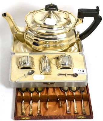 Lot 114 - A silver three piece cruet, plated teapot and plated spoons