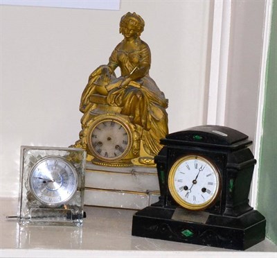 Lot 136 - A figural gilt metal French mantel clock, black slate presentation mantel clock and an electric...