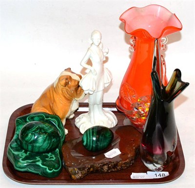 Lot 148 - A small group of miscellaneous including malachite carvings, agate stand, Royal Worcester...