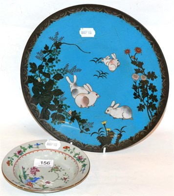 Lot 156 - An 18th century Chinese dish with enamel decoration of flowers, together with a cloisonne plate...