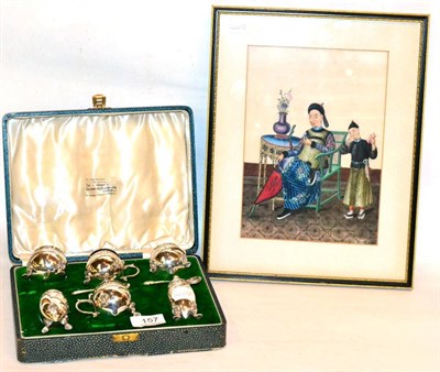 Lot 157 - A Chinese pith painting together with a six piece silver condiment set (cased)