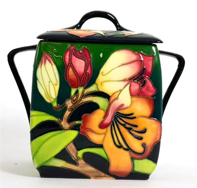 Lot 175 - A Moorcroft pottery ";Pencarrow"; pattern biscuit jar and cover by Emma Bossons (boxed), 17.5cm