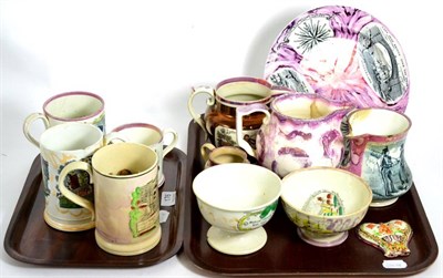 Lot 176 - A group of Sunderland pottery and lustre ware including a frog mug depicting Crimean soldiers...