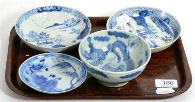 Lot 180 - Three 18/19th century Chinese blue and white saucers together with a similar bowl